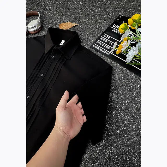 臣目 美式简约褶皱纯色短袖衬衫 男款