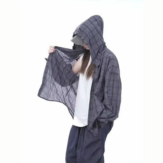 臣目 泡泡纱连帽格子衬衫男长袖夏季轻薄款防晒衬衣宽松休闲慵懒风外套上衣 男女同款