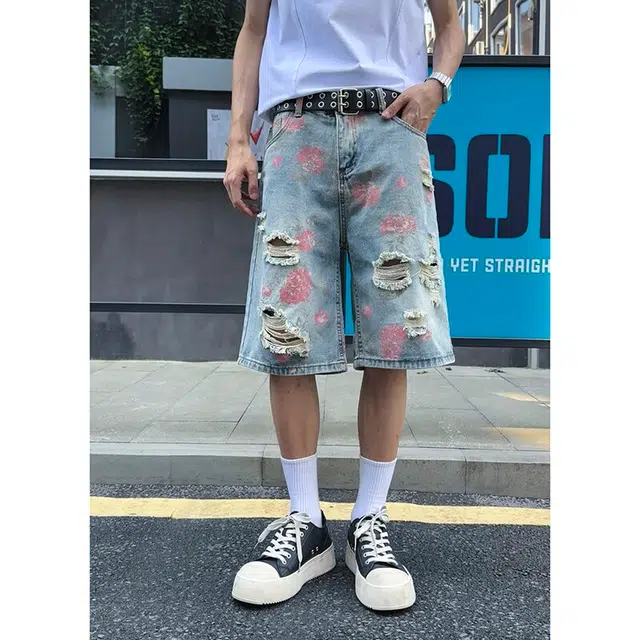 臣目 玫瑰花卉破洞潮牌美式高街裤子外穿工装四五分裤牛仔短裤 男女同款