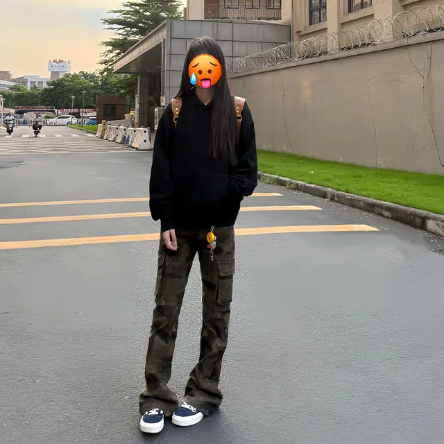 臣目 美式迷彩工装裤直筒潮牌痞帅炸街弯刀裤窄版修身微喇牛仔裤 男女同款