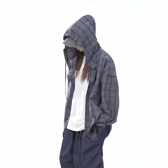 臣目 泡泡纱连帽格子衬衫男长袖夏季轻薄款防晒衬衣宽松休闲慵懒风外套上衣 男女同款
