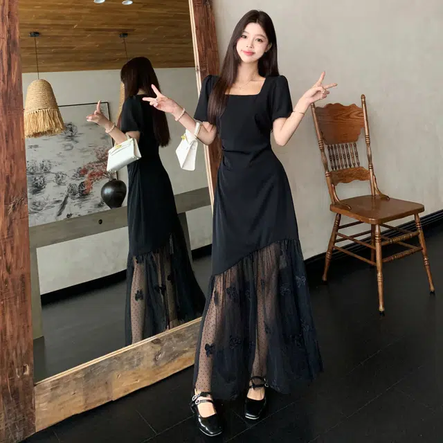 雾闪闪 法式名媛气质方领绝美蝴蝶网纱拼接收腰显瘦短袖连衣裙 女款