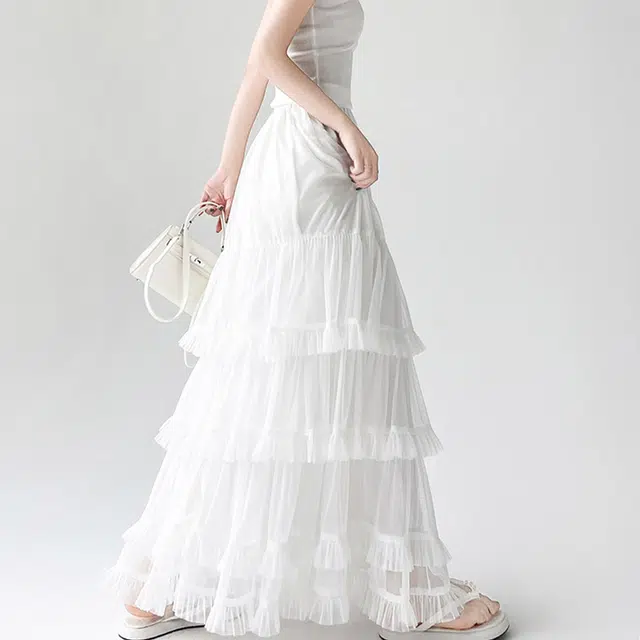 雾闪闪 芭蕾风网纱蕾丝不规则大摆半身休闲长裙 女款 （白色+发圈）买赠