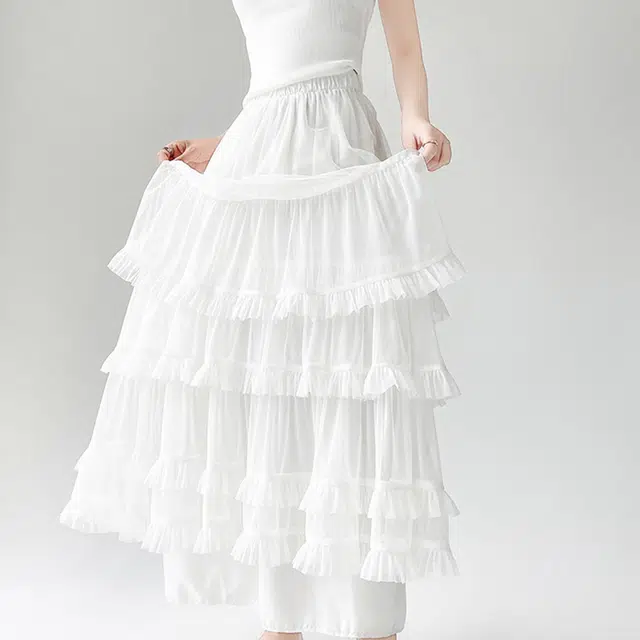 雾闪闪 芭蕾风网纱蕾丝不规则大摆半身休闲长裙 女款 （白色+发圈）买赠