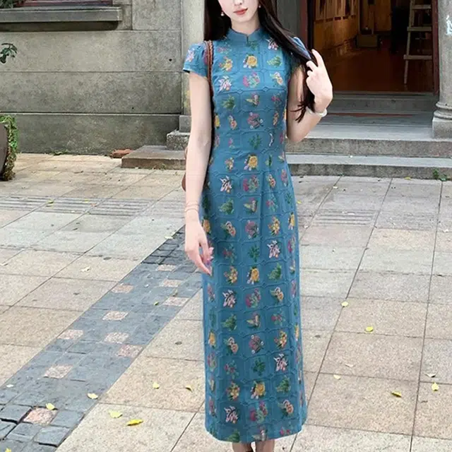 雾闪闪 新中式改良刺绣碎花立领旗袍收腰舒适短袖连衣裙 女款