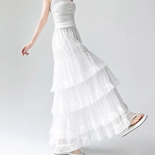 雾闪闪 芭蕾风网纱蕾丝不规则大摆半身休闲长裙 女款 （白色+发圈）买赠