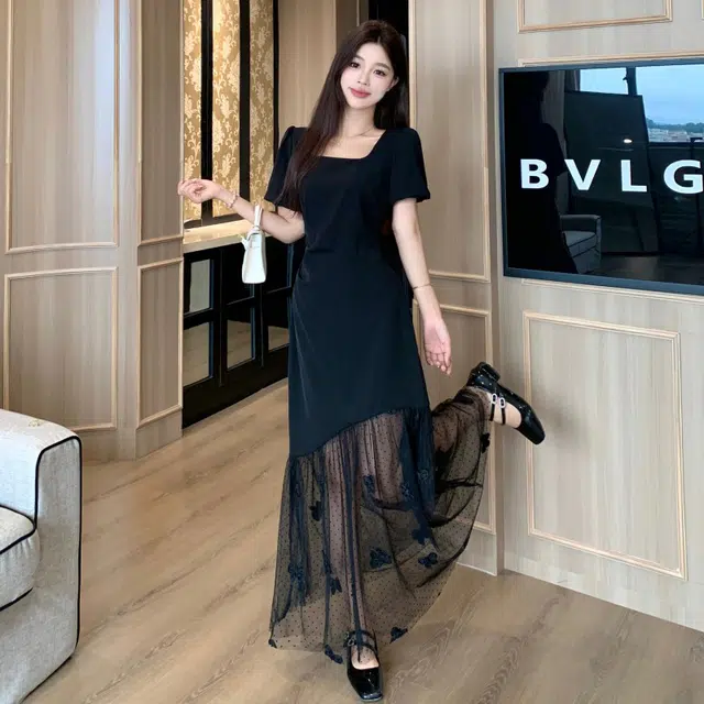 雾闪闪 法式名媛气质方领绝美蝴蝶网纱拼接收腰显瘦短袖连衣裙 女款