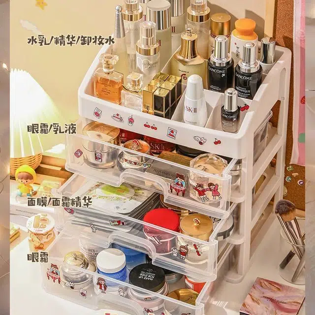 舒小奢桌面化妆收纳盒整理置物架防尘抽屉式口红护肤面膜刷梳妆台收纳架实用