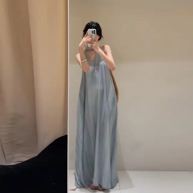珠蒂美 慵懒风法式海边度假仙女长裙无袖连衣裙 女款