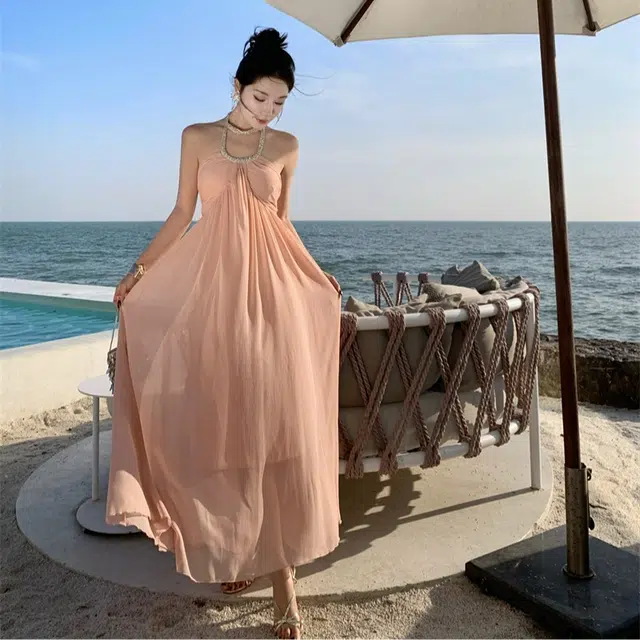 珠蒂美 法式纯欲挂脖吊带女气质高级性感礼服海边度假沙滩长裙无袖连衣裙 女款