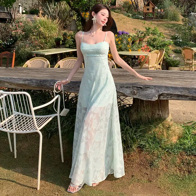 珠蒂美 海边度假风裙子网纱拼接提花吊带连衣裙 女款