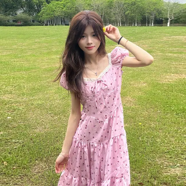 珠蒂美 法式气质公主风粉色碎花女夏季小个子温柔风短袖连衣裙 女款