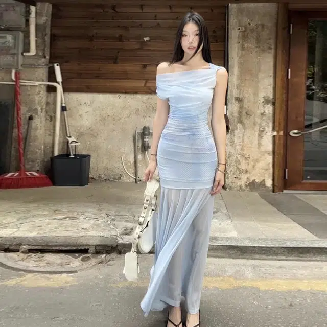 珠蒂美 甜辣穿搭法式斜肩气质薄纱女夏季收腰海边度假收腰显瘦包臀裙子短袖连衣裙 女款