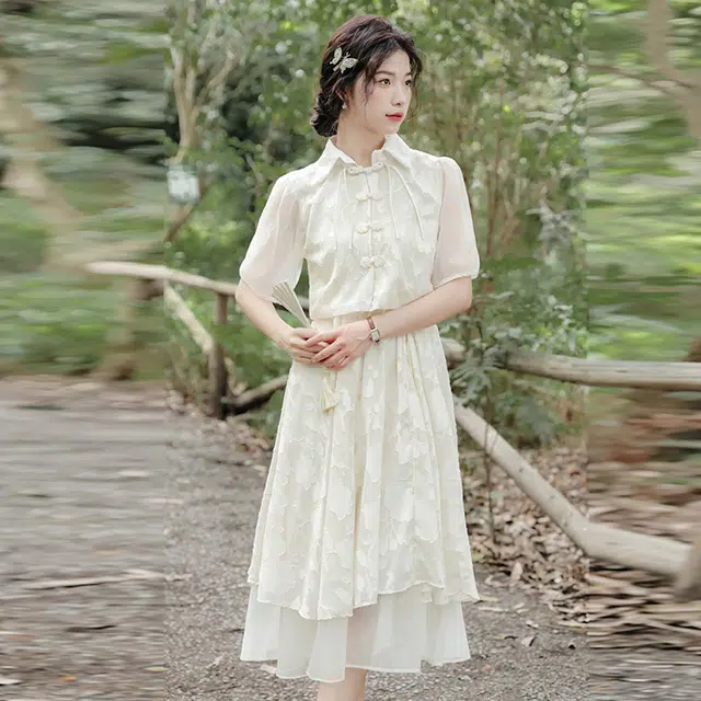 珠蒂美 国风小清新盘扣开衫上衣简约纯色吊带裙裙装套装 女款