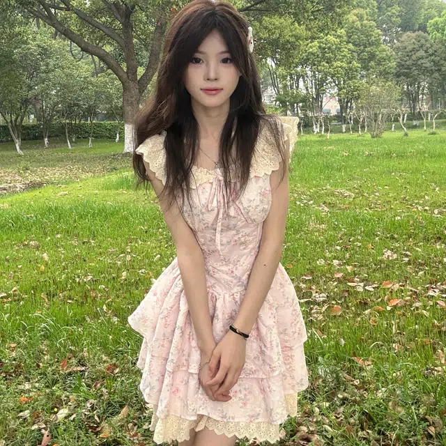 珠蒂美 温柔甜美小飞袖碎花收腰连衣裙女夏在逃公主粉色樱花蓬蓬蛋糕短裙 女款