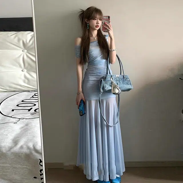 珠蒂美 甜辣穿搭法式斜肩气质薄纱女夏季收腰海边度假收腰显瘦包臀裙子短袖连衣裙 女款