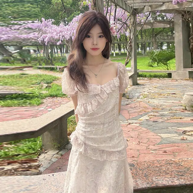 珠蒂美 泡泡袖拼接网纱显气质不规则短袖连衣裙 女款 粉色