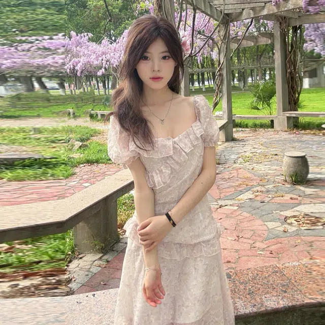 珠蒂美 泡泡袖拼接网纱显气质不规则短袖连衣裙 女款 粉色