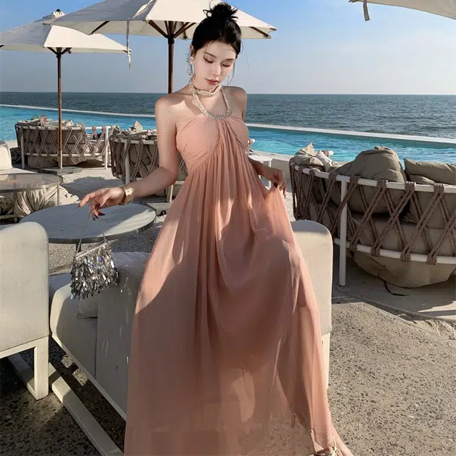 珠蒂美 法式纯欲挂脖吊带女气质高级性感礼服海边度假沙滩长裙无袖连衣裙 女款