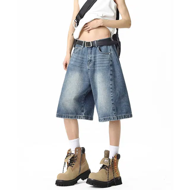 单爵 潮牌阔腿弯刀五分裤子直筒薄款牛仔短裤 男女同款