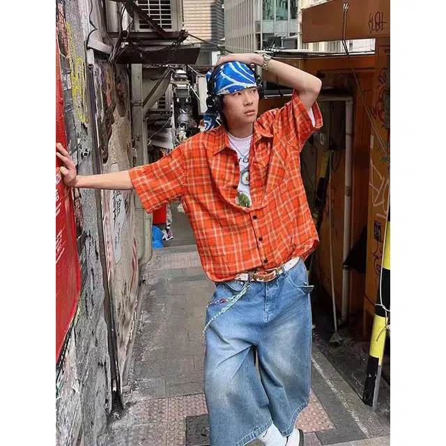 单爵 美式复古格纹夏季薄款防晒开衫格子短袖衬衫 男女同款