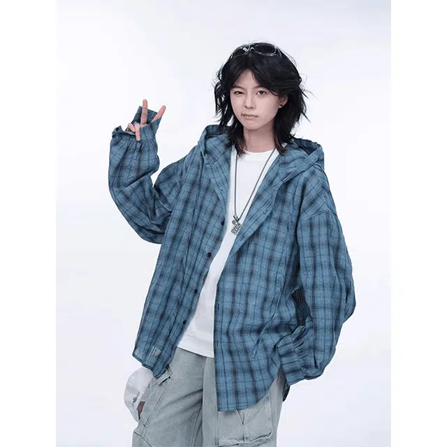 单爵 美式格子连帽慵懒风长袖衬衫 男女同款 海蓝色