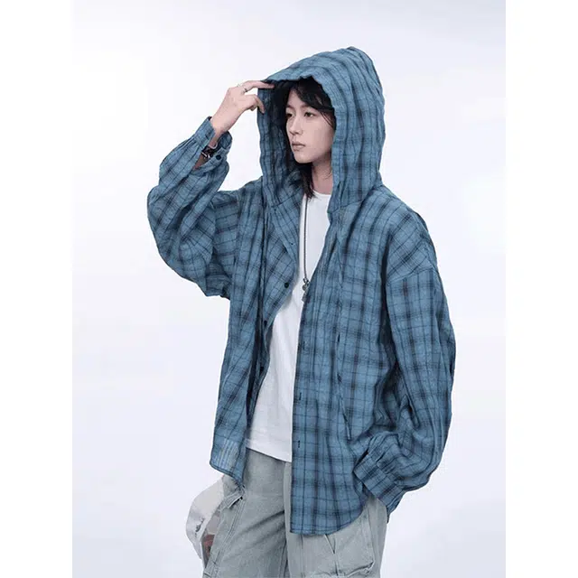 单爵 美式格子连帽慵懒风长袖衬衫 男女同款 海蓝色