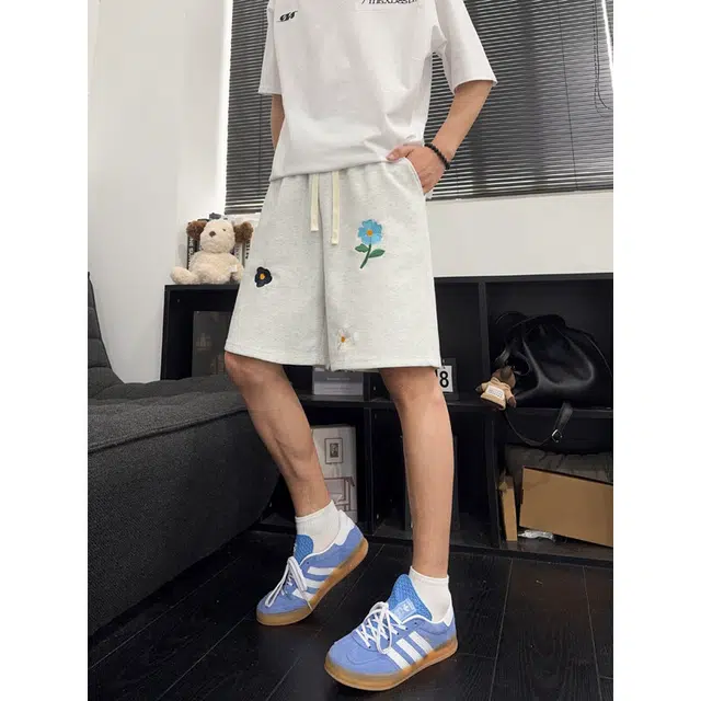 单爵 花卉运动外穿美式裤子宽松五分休闲短裤 男女同款