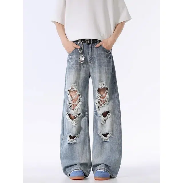 单爵 美式高街破洞夏薄款潮牌痞帅阔腿弯刀裤子宽松直筒乞丐裤牛仔裤 男女同款