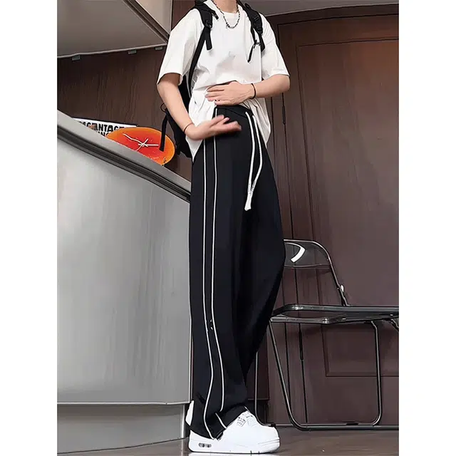 单爵 美式凉感冰丝薄款宽松直筒条纹速干高街运动裤休闲裤 男女同款