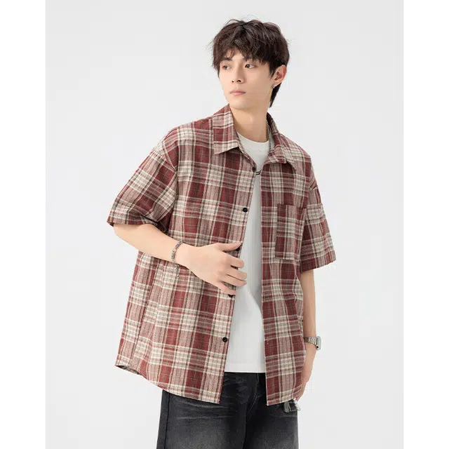 单爵 格子高级感痞帅美式复古衬衣防嗮外套夏季短袖衬衫 男女同款