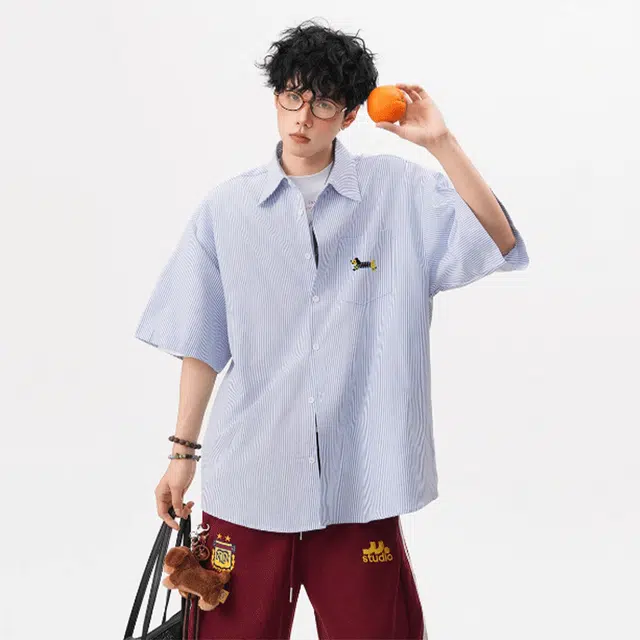 单爵 美式腊肠狗条纹宽松百搭防晒衬衣夏季短袖衬衫 男女同款