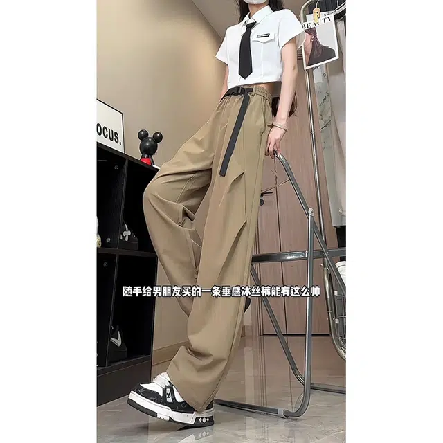 单爵 美式冰丝速干薄款垂感褶皱空调裤阔腿直筒伞兵休闲裤 男女同款