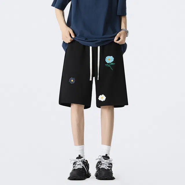 单爵 美式复古小花刺绣外穿松弛感慵懒风裤子情侣五分中裤夏季休闲短裤 男女同款