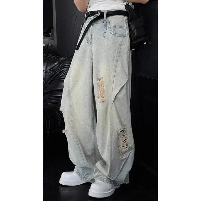 单爵 美式水洗破洞薄款高街直筒宽松牛仔裤 男女同款