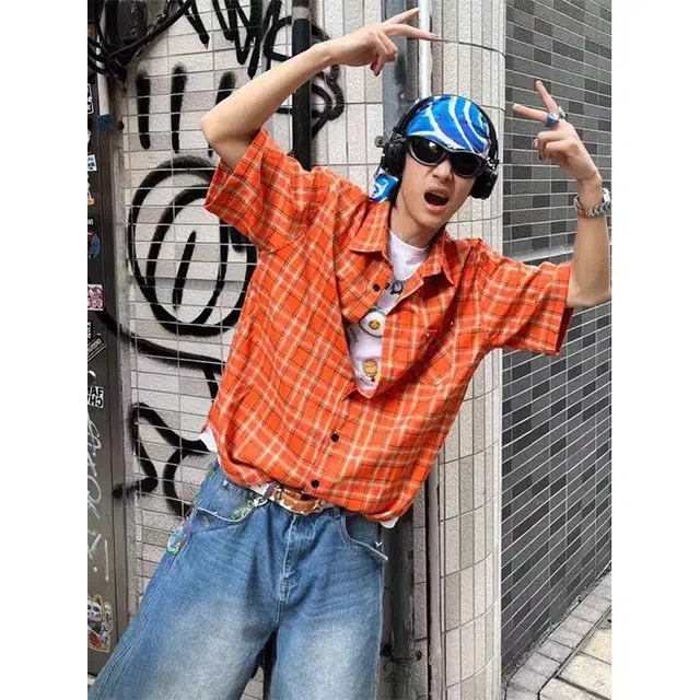 单爵 美式复古格纹夏季薄款防晒开衫格子短袖衬衫 男女同款