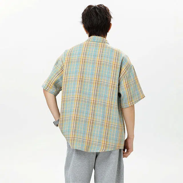 单爵 撞色格子夏季潮牌高级感痞帅衬衣短袖衬衫 男女同款