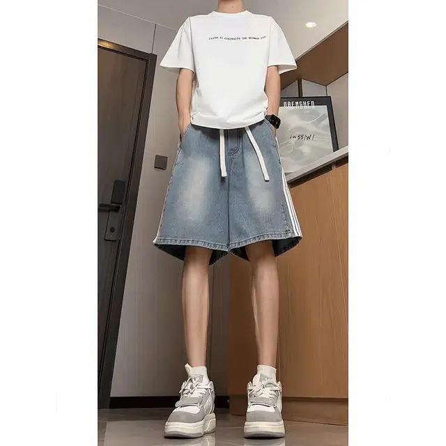 单爵 美式条纹夏季薄款青少年酷帅裤子宽松过膝五分裤牛仔短裤 男女同款