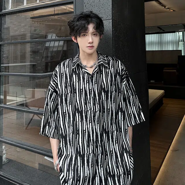 单爵 斑马纹痞帅防晒运动宽松百搭短袖衬衫 男女同款