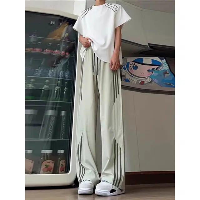 单爵 三条杠条纹冰丝裤子薄款垂感直筒阔腿裤美式夏季休闲裤 男女同款