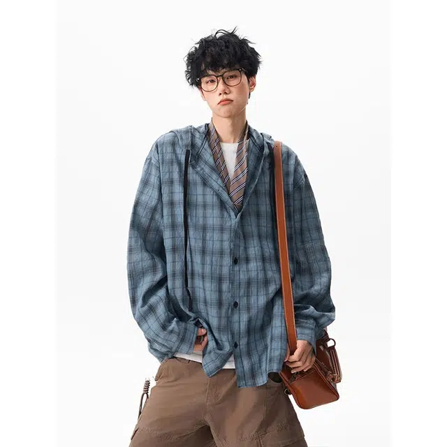 单爵 美式格子连帽慵懒风长袖衬衫 男女同款 海蓝色