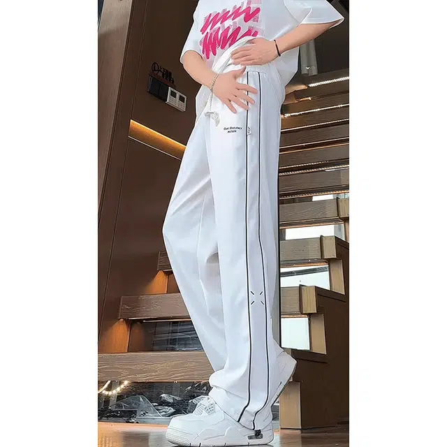 单爵 美式条纹薄款直筒休闲裤 男女同款