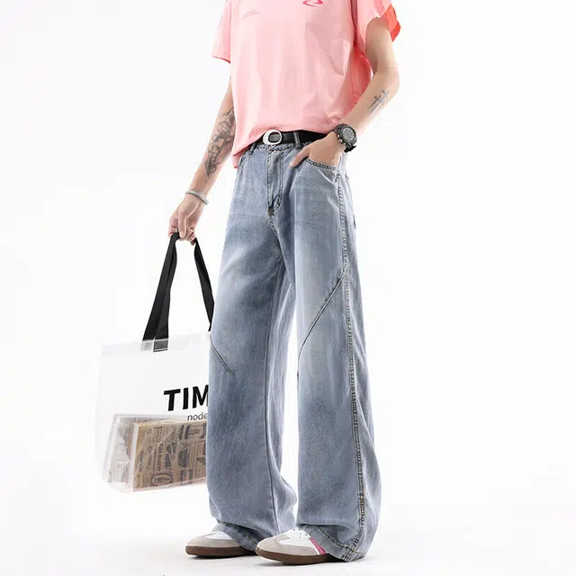 单爵 美式高街宽松夏季薄款高个子微喇直筒休闲牛仔裤 男女同款