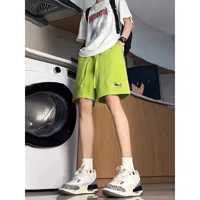 单爵 多巴胺绿色泡泡纱速干裤子刺绣腊肠狗夏季休闲短裤 男女同款