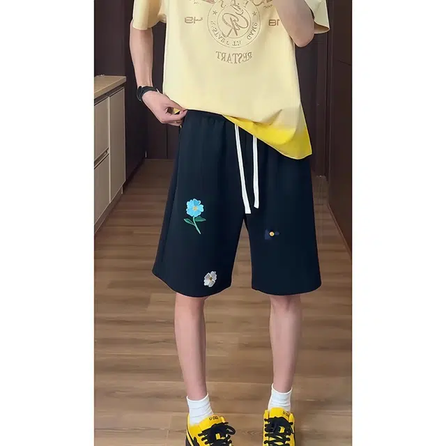 单爵 美式复古小花刺绣外穿松弛感慵懒风裤子情侣五分中裤夏季休闲短裤 男女同款