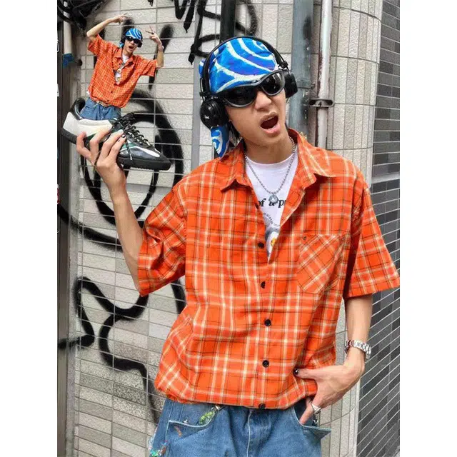 单爵 美式复古格纹夏季薄款防晒开衫格子短袖衬衫 男女同款