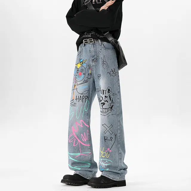 单爵 美式复古高街涂鸦薄款宽松直筒牛仔裤 男女同款