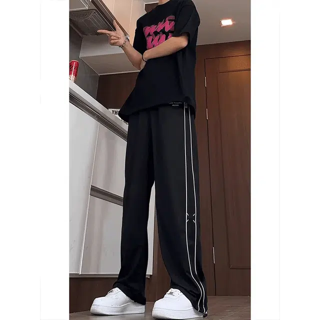 单爵 美式凉感冰丝薄款宽松直筒条纹速干高街运动裤休闲裤 男女同款