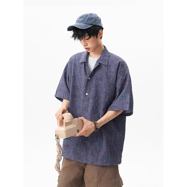 单爵 日系复古格纹小众设计感休闲防晒外套夏季短袖衬衫 男女同款