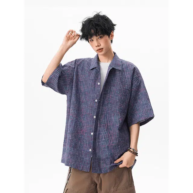 单爵 日系复古格纹小众设计感休闲防晒外套夏季短袖衬衫 男女同款